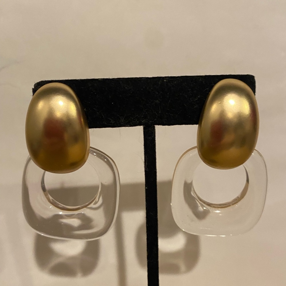 Anthropologie Lucite Squared Hoop Earrings in clear + brushed gold - Picture 3 of 4